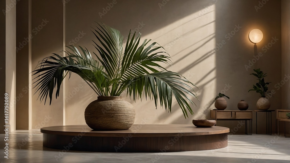 Poster sunlight highlights a modern interior with a large potted palm on a platform, creating a serene and 