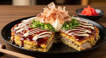 Okonomiyaki a japanese savory pancake with pork, cabbage, and delicious toppings