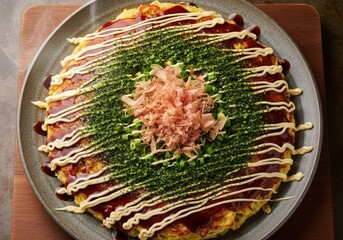 Traditional japanese okonomiyaki savory pancake with sauce and mayonnaise on a rustic plate