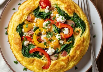 Delicious homemade frittata with spinach bell peppers mushrooms and feta cheese for breakfast