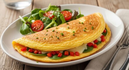 Healthy breakfast omelette with spinach pepper and cheese served with a fresh green salad