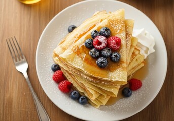 Delicious stack of homemade crepes with fresh berries and syrup for breakfast from top view