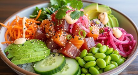 Healthy hawaiian poke bowl with fresh raw salmon tuna avocado edamame and rice for lunch