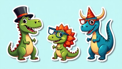 Obraz premium Three cartoon dinosaurs in party attire.