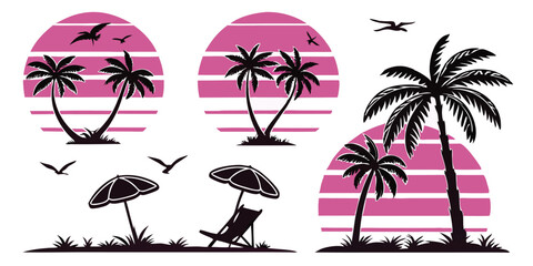 Tropical Island Paradise Silhouette Vector with Palm Trees and Sunset Graphic Design Elements for Vacation and Summer Vibes © design png
