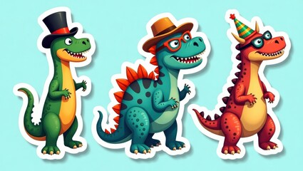 Three cartoon dinosaurs in party hats and glasses.