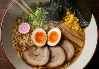Japanese ramen noodle soup with chashu pork, egg, and vegetables a traditional asian meal