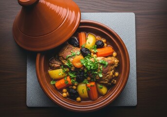 Traditional moroccan chicken tagine with vegetables and dried fruit in a classic clay pot