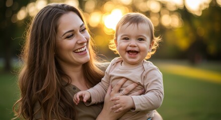 Obraz premium Joyful young mother holding her laughing baby in a sunlit park. A heartwarming moment of maternal love and family happiness at sunset.