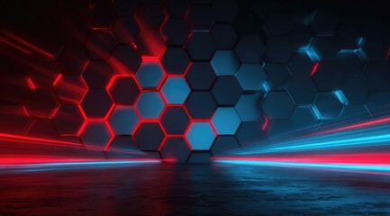 Abstract hexagons illuminated by red and blue neon light streaks
