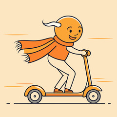 Cheerful orange character with scarf riding a scooter wind