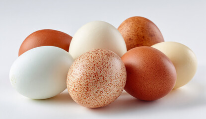 Assortment of brown and white chicken eggs with one decorated egg in the center