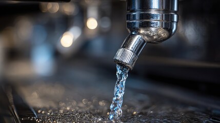 Close-up of filtered water pipe running into automatic coffee machine