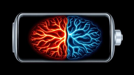 Metallic battery illustration filled with stylized brains one side red and the other blue on a black background