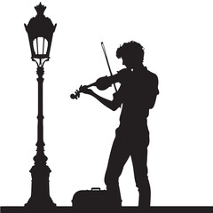 Silhouette of a Violinist Playing Under a Lamp Post Musical Performance Concept