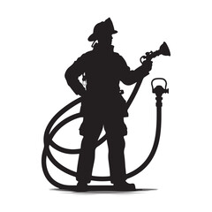 Silhouette of a courageous firefighter standing in full uniform with a fire hose. Vector illustration of a first responder hero. [Converted]