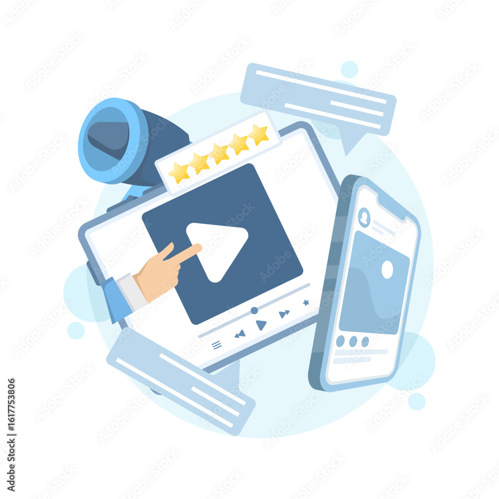 Poster digital marketing and communication concepts. video ads displayed on tablets, quality content creati