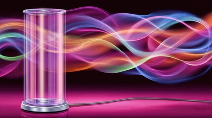 Transparent cylindrical container with colorful light streaks and a black cable on a vibrant pink surface