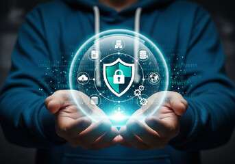 Cybersecurity concept showing digital shield and data protection in hands tech