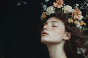 Serene woman with curly hair adorned with vibrant floral crown, featuring various colorful flowers. soft lighting enhances her peaceful expression, creating dreamy atmosphere