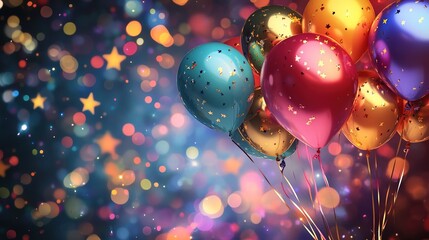 Playful Happy New Year design with balloons, stars, and vibrant colors.