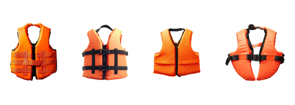 A collection of children's safety vests in bright orange isolated on a transparent background. PNG