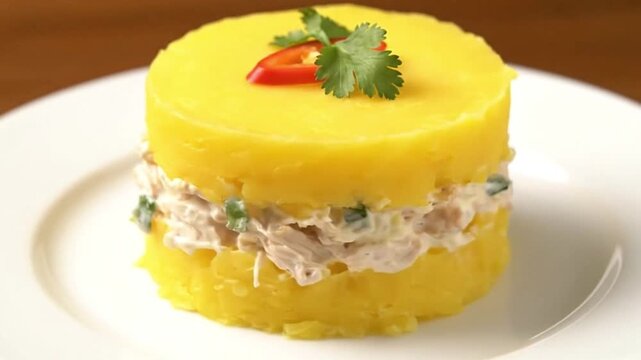 Causa lime&ntilde;a layered yellow potatoes  chicken salad garnished with cilantro  red pepper sits on a white plate