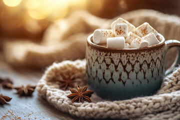 Cozy hot chocolate with marshmallows in ceramic mug, warm knitted blanket, star anise spices, and fairy lights, winter comfort drink and hygge lifestyle concept

