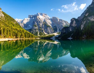 Serene alpine lake reflecting majestic mountains