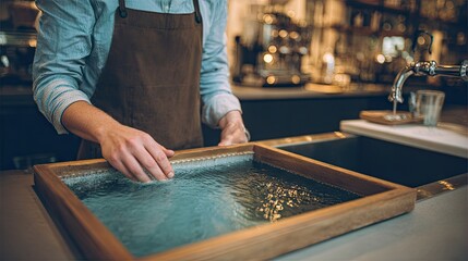 Person opening filter housing to check water clarity in coffee shop