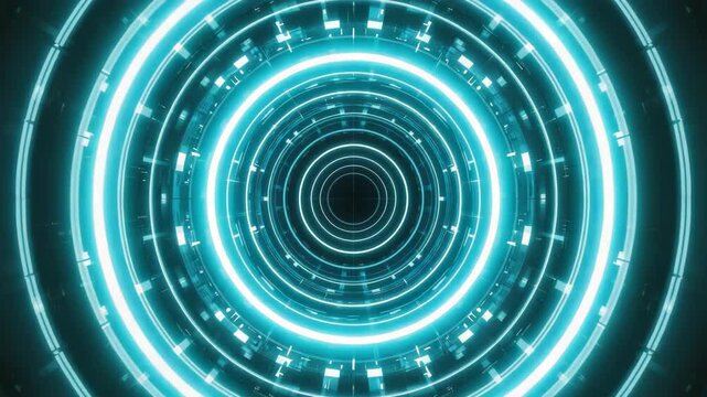 Futuristic Circular Tunnel of Technological Rings in Bright Blue Animation