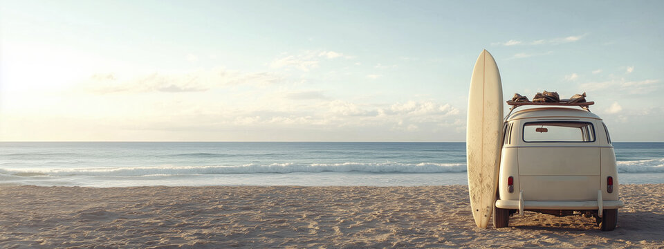 Vintage car with surfboard parked on deserted beach, capturing serene moment by ocean. soft waves and golden sand create peaceful atmosphere, perfect for relaxation - Powered by Adobe