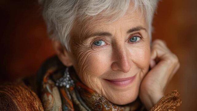 Close-up portrait of an elderly woman with silver hair and blue eyes, gentle smile, resting her face on her hand, warm indoor lighting, expressing