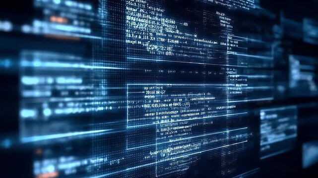 A digital background featuring an array of code and data visualizations, representing the advanced technology behind software development. 