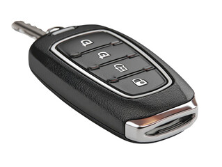 Close-up of a modern car key fob.  Dark gray plastic casing, four buttons, silver accents.  Isolated on black