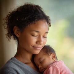 Obraz premium Mother and Baby: A tender portrayal of a mother's love, as she cradles her sleeping newborn. Captured with soft, natural lighting, the image evokes a sense of serenity and unbreakable bond.