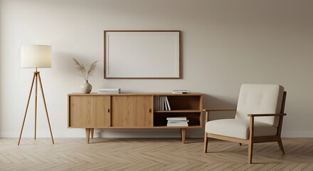 Modern living room with mid century modern furniture and artwork