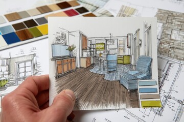 Hand holding sketch of a room design