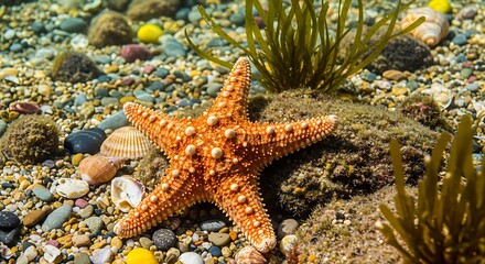 A starfish resting on the seabed surrounded by pebbles shells and seaweed in clear shallow water