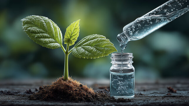 Small green plant with vibrant leaves is growing from rich soil, while glass dropper is pouring water into clear bottle nearby. scene conveys sense of nurturing and growth, emphasizing importance