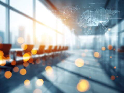 Blurred office interior with overlaid world map