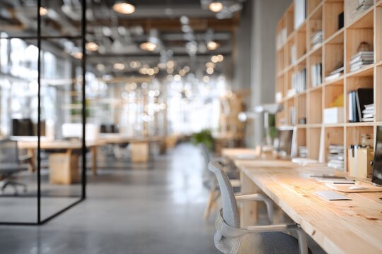 Modern, bright office space with wooden desks, shelving, and glass partitions