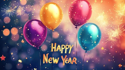 Playful Happy New Year design with balloons, stars, and vibrant colors.