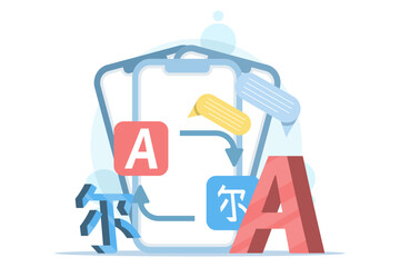 Online multilingual translator app concept. Using a translator app on a smartphone to learn languages. Language app. Learning a foreign language using a smartphone.