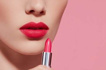 Obraz premium Closeup of lips painted with red lipstick with a lipstick tube nearby