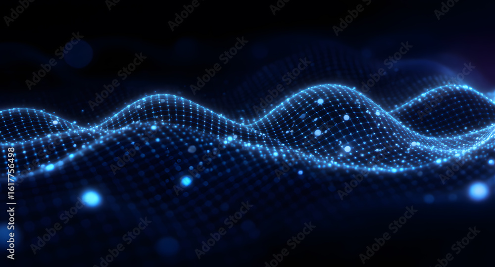 Poster abstract blue digital waveform background. futuristic glowing grid of data particles. modern technol