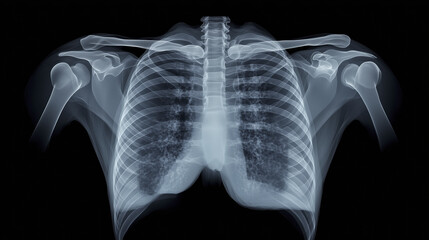 X ray image of human chest, highlighting rib cage and surrounding structures. clarity of image allows for detailed examination of thoracic region, showcasing lungs and bones