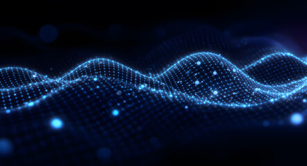Abstract Blue Digital Waveform Background. Futuristic Glowing Grid of Data Particles. Modern Technology, Sound Wave, Cyberspace Concept.