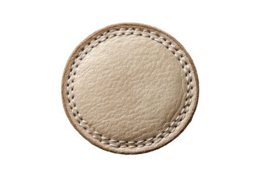 Cream-colored, circular leather patch.  Stitched edge