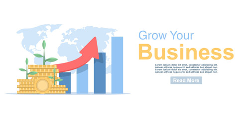 ROI return on investment with arrow. Financial performance, cost of goods sold icon. Salary increase statistics in dollars. Business profit growth margin. Flat design illustration on background.